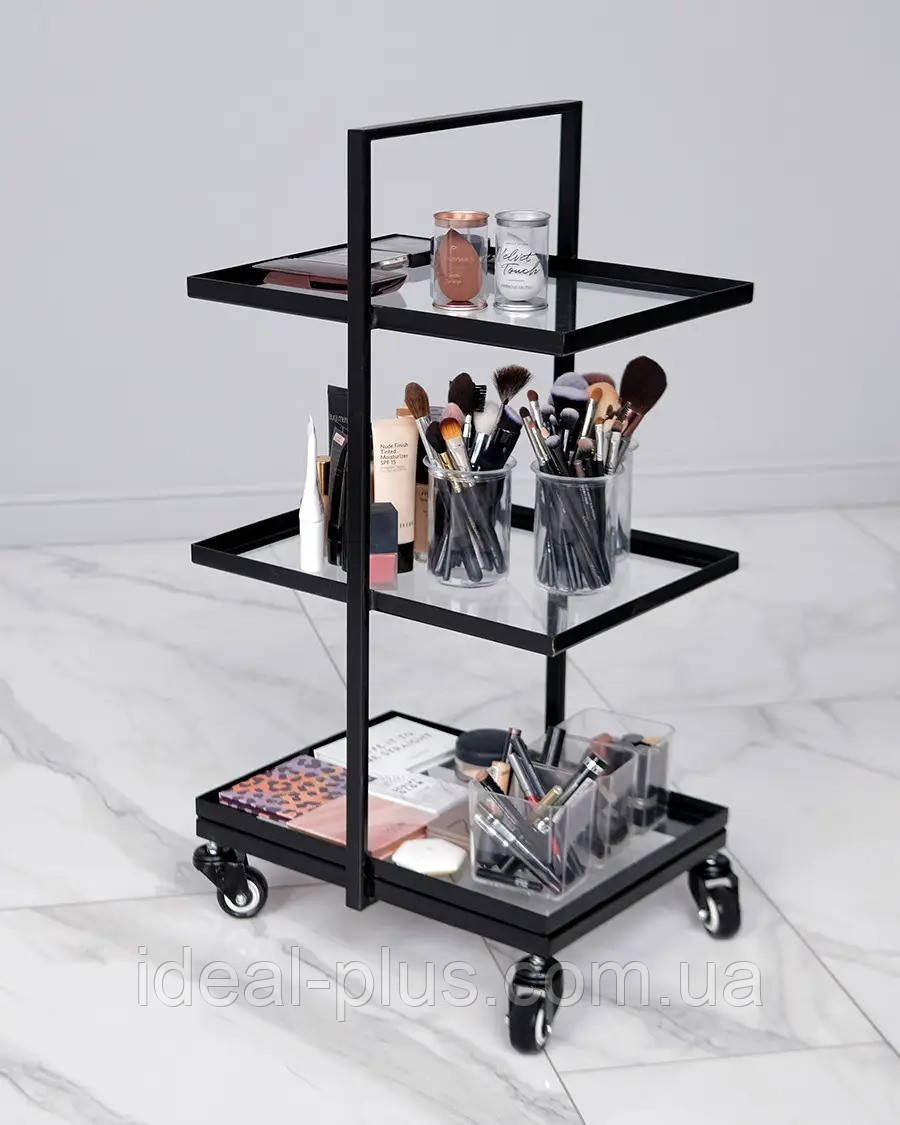 Візок для візажистів скляний столик для салонів краси DIVA столик для майстрів тату візок чорний Black, фото 1