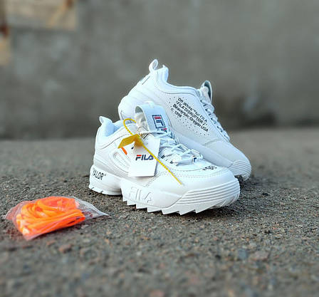 Кросівки БІЛІ Fila Disruptor 2 Off-White на високій підошві шкіряні унісекс демі оригтал, фото 5