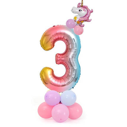 Цифра 3 на підставці з кульок | Райдужна з єдинорогом, фото 1