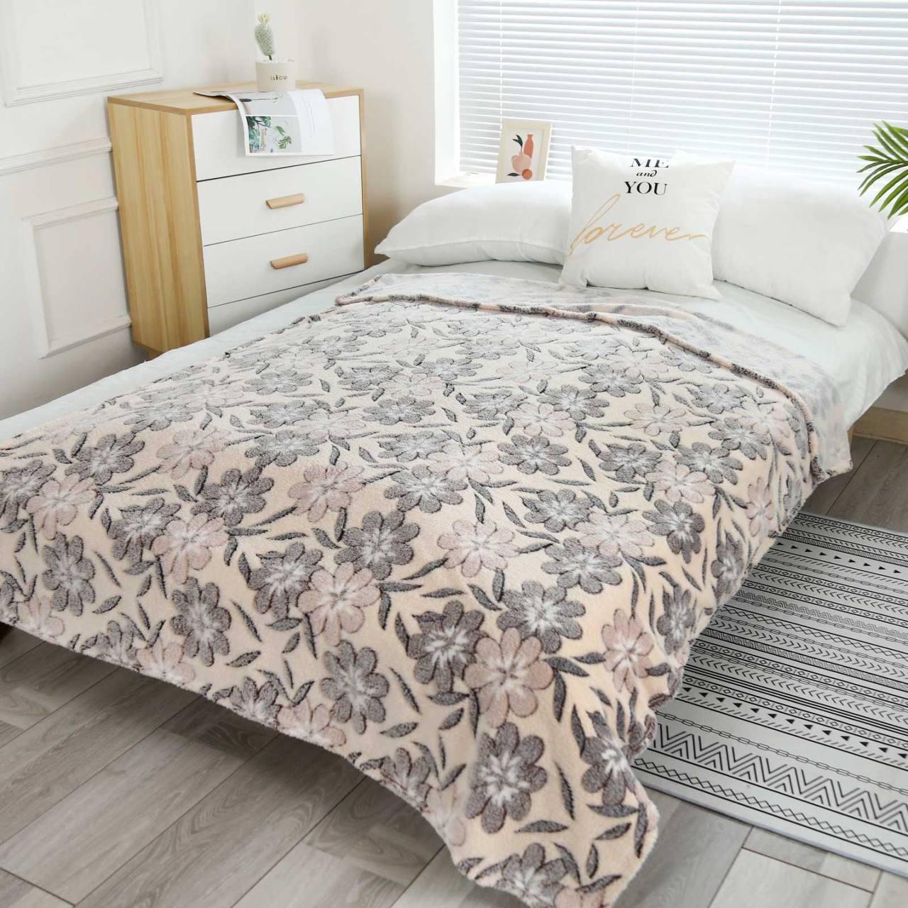 Євро плед флісовий стрижений "Сірі квіти". Мінімальне замовлення від 10 шт., фото 1