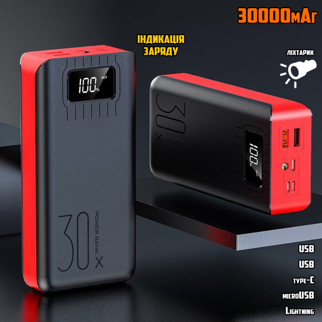 Power bank 30000 mAh Зовнішній акумулятор Портативна зарядка Павербанк з екраном і ліхтариком Червоний