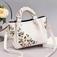 Жіноча сумка через плече з вишивкою квітами, модна сумка жіноча з плетеною ручкою Белый