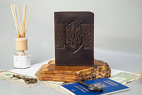 Обкладинка для паспорта чоловіча шкіряна коричнева з тисненням Тризуб Герб України