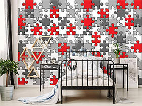 Фото шпалери в дитячій 254x184 см Геометрична головоломка Чорно-білі з червоним пазли (10128P4)+клей
