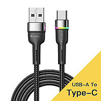 Кабель тканевый ESSAGER USB - USB Type C 1 м, с подсветкой, шнур тайп си зарядка USB C