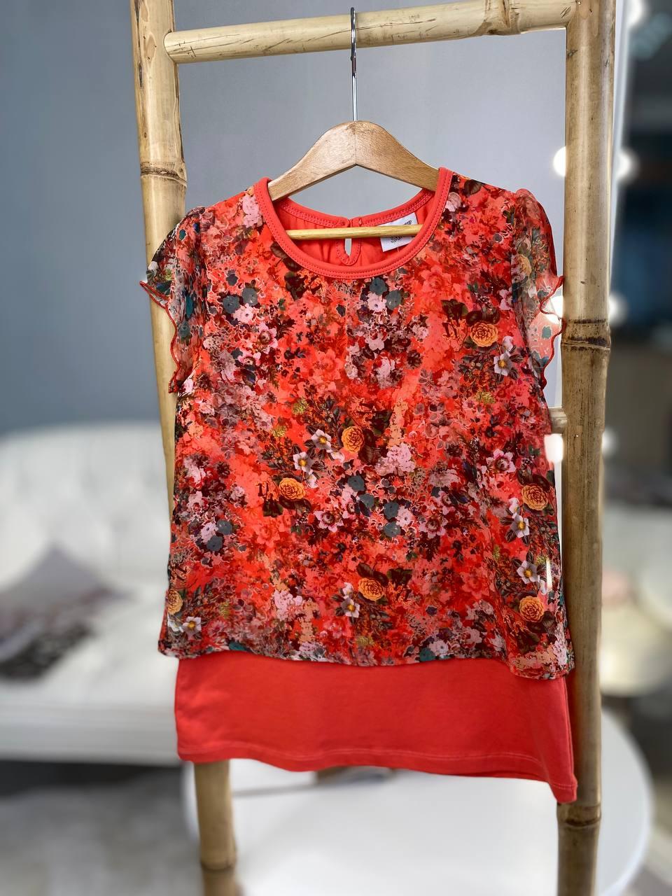 Блузка для дівчинки літо шифонова в дрібні квіти Оранжевий 6273 Breeze, Розовый, Девочка, Лето, 128 см, фото 1