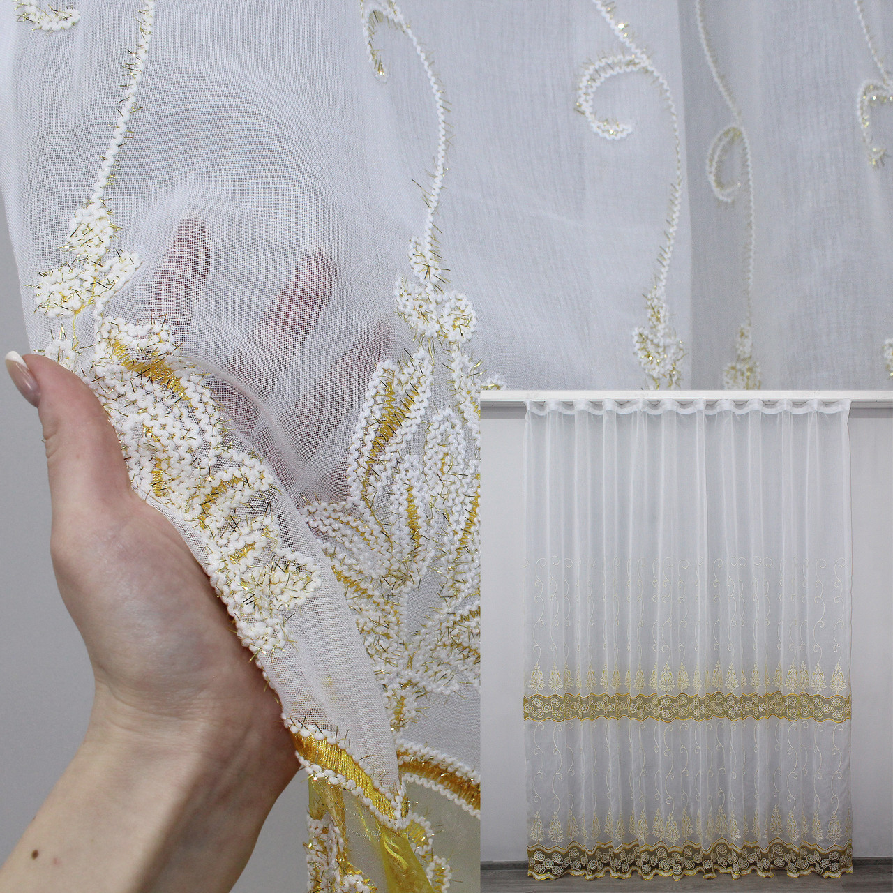 Залишок (1,6х2,7м.) тканини батист з вишивкою. Колір білий з золотистим. Код 770ту 00-203, фото 1