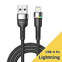 Кабель тканевый ESSAGER USB - Lightning 2 м, шнур для айфона для iPhone в оплетке лайтнинг, с подсветкой