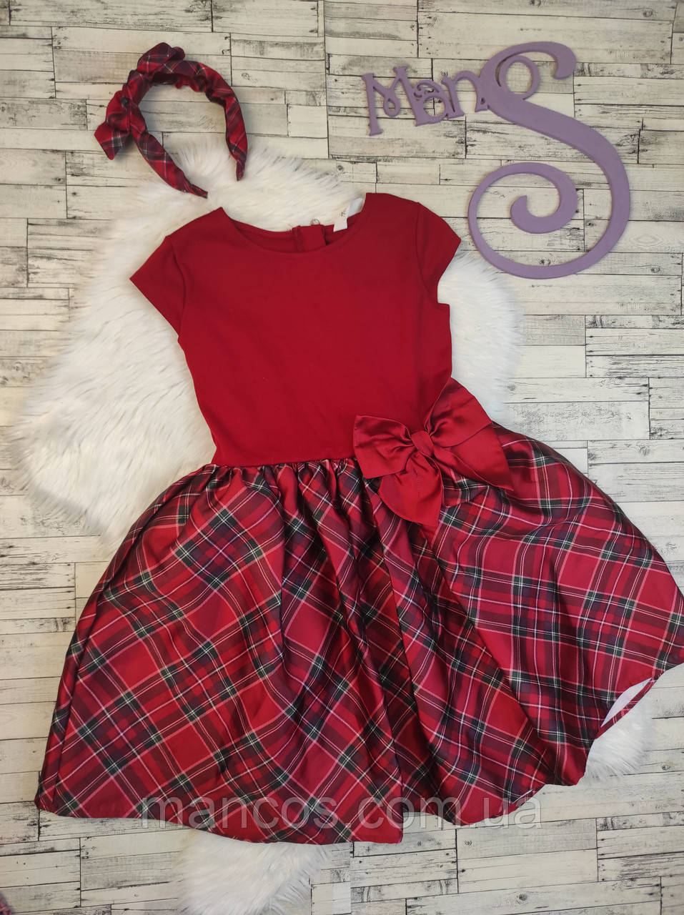 Дитяча сукня H&M для дівчинки червона з обручем пишна спідниця у клітинку Розмір 134-140