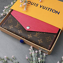 Коричневий жіночий гаманець LV з малиновою вставкою класичний модний портмоне гаманець з канви на кнопці