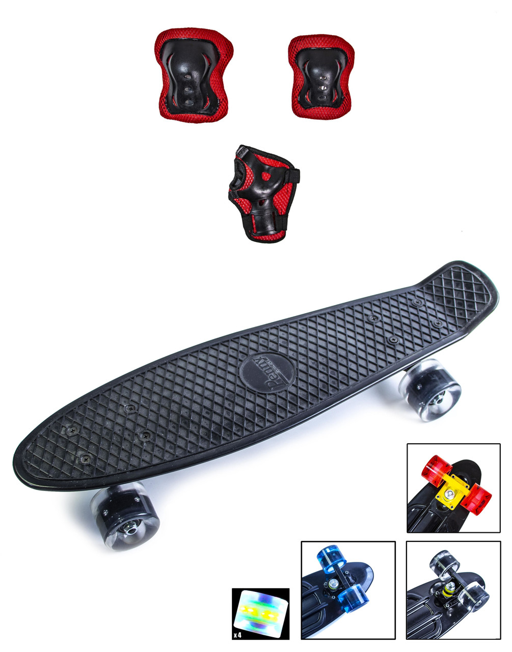 Набір скейтборд Penny Board. BLACK + захисне екіпірування. Колеса світяться під час катання!, фото 1