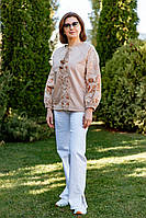 Стильная Женская блузка бежевая с вышивкой гладью и длинным рукавом, Этностиль вышиванки