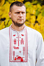 Льняна Сорочки вишиванки чоловічі біла з червоною сучасною вишивкою танка та БТР, Чоловічі вишиті сорочки, фото 5