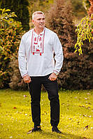 Льняная Рубашки вышиванки мужские белая с красной современной вышивкой танка и БТР, M