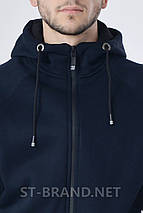 ХL,2XL. Чоловіча толстовка з капюшоном та застібкою, утеплена кофта з трикотажу тринитки - темно-синя, фото 4