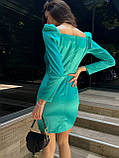 Атласна міні-сукня з гострими плечима Люкс нефрит (різні кольори) XS S M L, фото 9