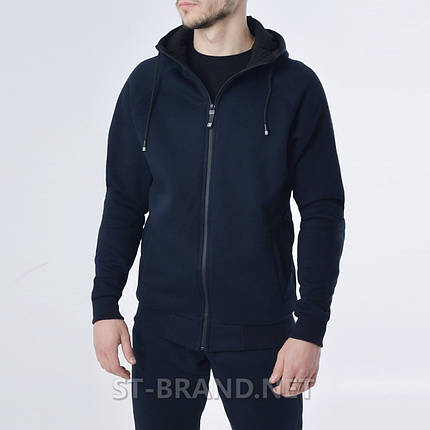 ХL,2XL. Чоловіча толстовка з капюшоном та застібкою, утеплена кофта з трикотажу тринитки - темно-синя, фото 1