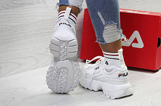 БІЛІ Кросівки носок Fila Disruptor Sockfit White на високій підошві шкіряні з манжетом унісекс 36-40 р, фото 4