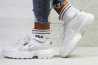 БЕЛЫЕ Кроссовки носок Fila Disruptor Sockfit White на высокой подошве кожаные с манжетом унисекс 36-40 р 38