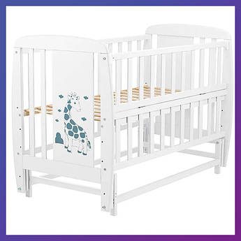 Дитяче ліжечко дерев'яне з бука Жирафик DJMO-02 маятник відкидний бік білий