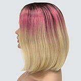 Перука каре без гривки на сітці, термоволосся, колір блондин з переходом від темного коріння до рожевого, фото 4