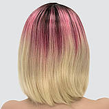 Перука каре без гривки на сітці, термоволосся, колір блондин з переходом від темного коріння до рожевого, фото 5