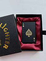 Бутановая зажигалка ветрозащитная подарочная дизайн игральных карт туз черный