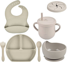 Набір дитячого силіконового посуду Y20 тарілка, слинявчик, тарілка для супу, ложка, вилка, поїльник