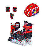 Дитячі ролики із подвійними колесами + захист + шолом Scale Sport. Чорно-червоні. Розміри 29-33 / 38-41, фото 3