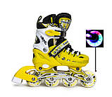 РОЛИКИ розсувні + КОМПЛЕКТ ЗАХИСТ (на коліна, лікті та долоні) Scale Sports жовті, розмір 29-33, фото 2