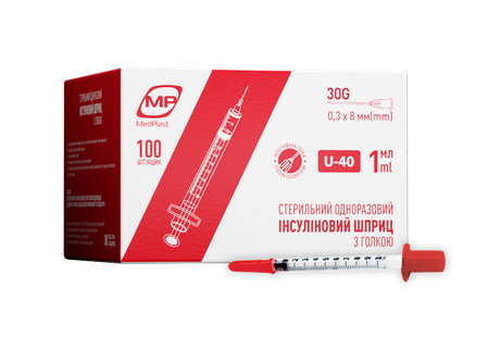 Шприц інсуліновий 1 мл U-40 MedPlast голка 0,3х8мм 30G інтегрована 1шт, фото 1