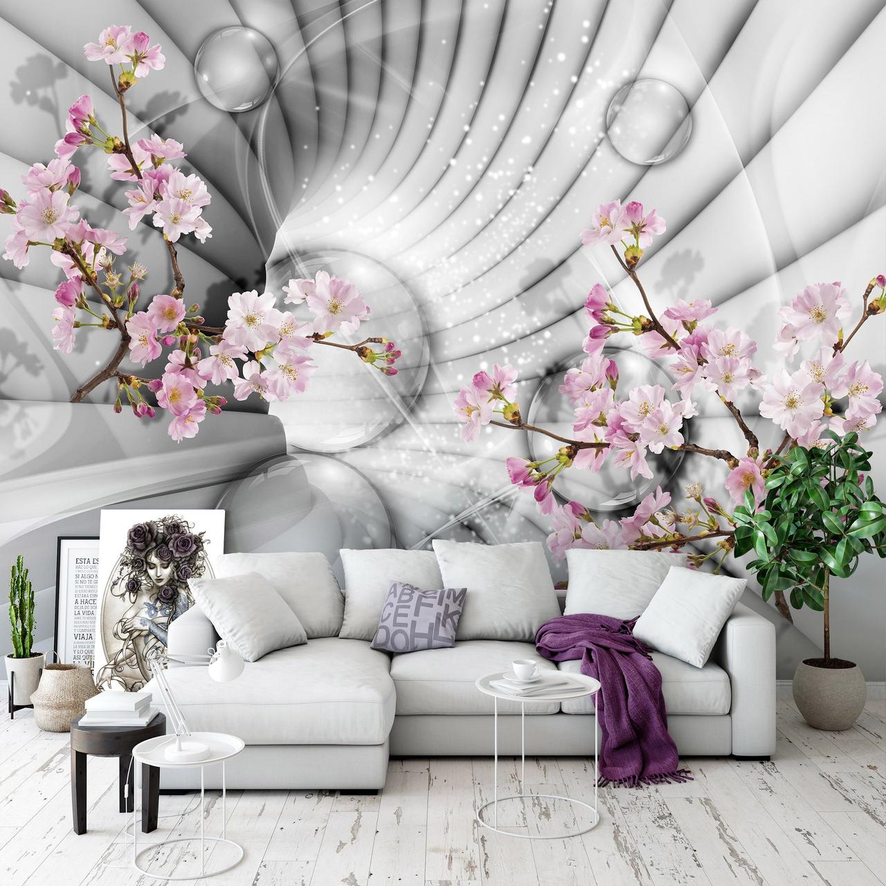 Флізелінові фото шпалери 368x254 см 3Д Тунель з куль і квітів сакури (10200V8)+клей