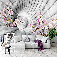 Фотообои абстракция 368x254 см 3Д Тоннель с шарами и цветами сакуры (10200P8)+клей