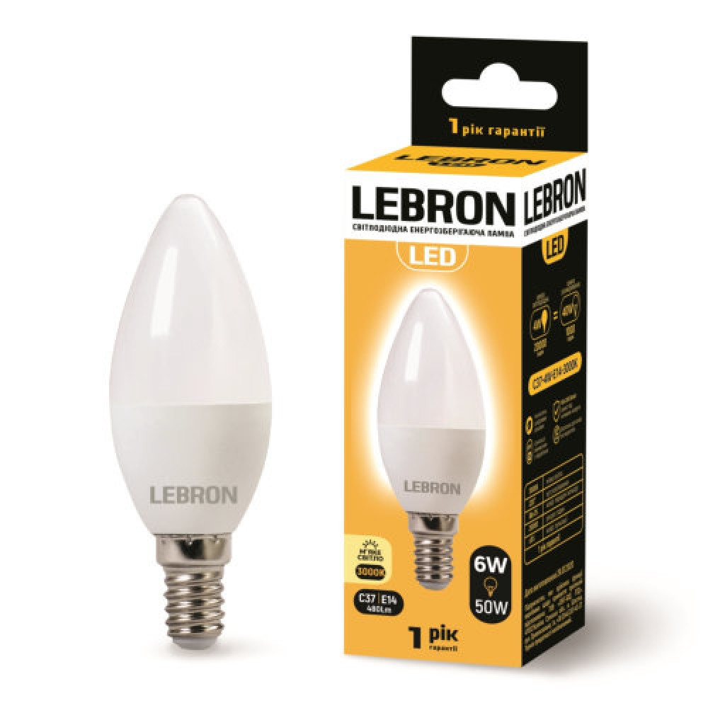 00-10-37 LED лампа 6W-3000К, 480Lm. Е14. 220° Арт.24654 Lebron