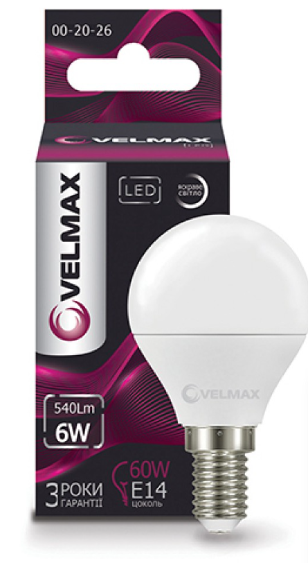 00-20-26 LED лампа 6W-4100K, 540Lm. Е14. 220° Арт.24670 Velmax