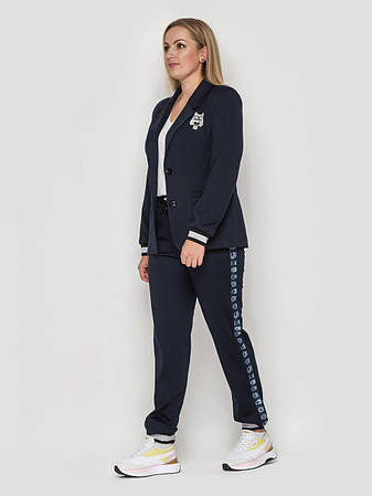 Костюм жіночий модний брючний батал жакет і штани з джерсі темно-синій, фото 1