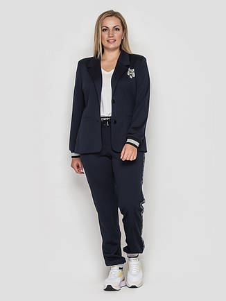 Костюм жіночий модний брючний батал жакет і штани з джерсі темно-синій, фото 3