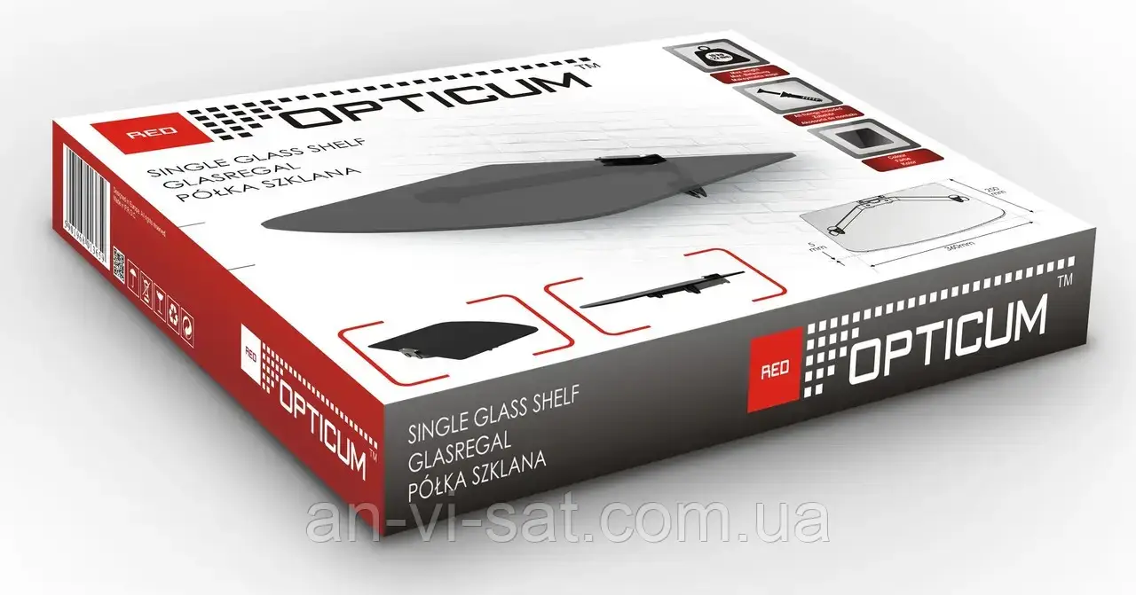 Скляна полиця OPTICUM, під телевізор TV та ін. техніку, колір чорний, 300х250х5мм.