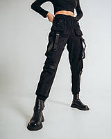Жіночі брюки карго OGONPUSHKA Dark чорні рефлективне лого спереду