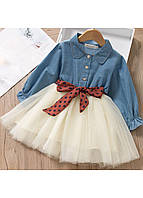 Детское платье с поясом, детское платье голубой с белым, платье для девочки с пышной юбкой