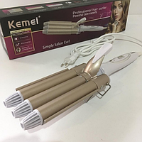 Плойка для волос Kemei KM-1010 / 7590 керамические тройные щипцы для завивки три волны 2 режима Белая