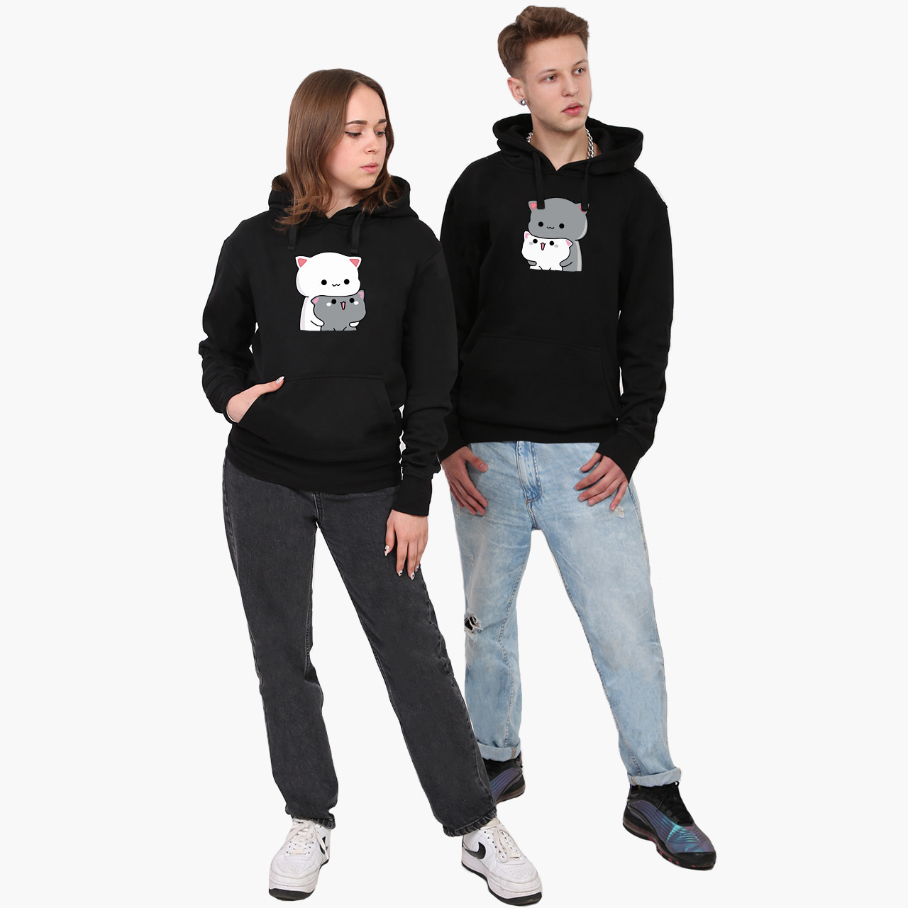 Парні толстовки худі Сіро-білий кіт Чорні S M L XS XL XXL