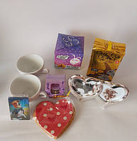 Подарунок до свята - печиво з передбаченням, кава, чашки для кави,свічка, пряник сердечко, мило та фоторамка