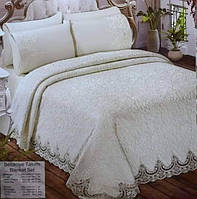Комплект постельного белья c покрывалом с кружевом Haspen Samarsik (230*245) Krem, Pudra, Cappuchino