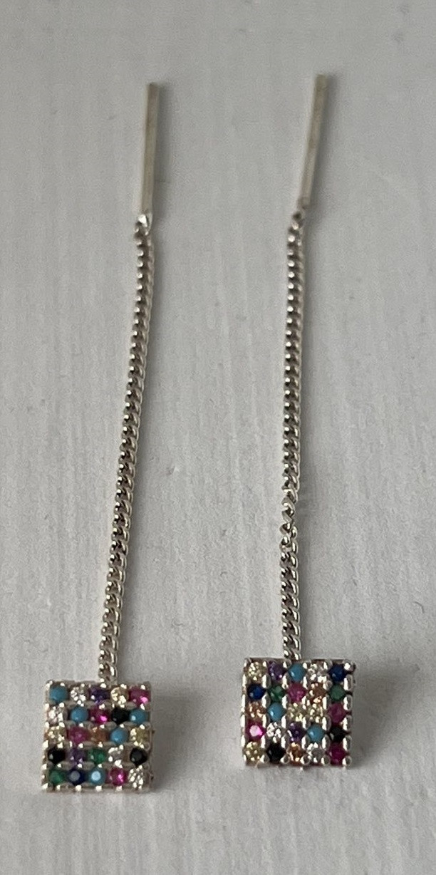 Сережки-протяжки зі срібла 925 з цирконами мікс (квадрати)