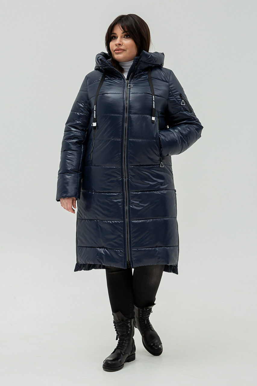 Тепла зимова довга жіноча куртка синя зима з капюшоном великий розмір 50 52 56 58 60