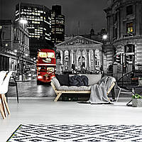 Флизелиновые фотообои черно-белый город фото 312x219 см Красный двухэтажный автобус в ночном Лондон