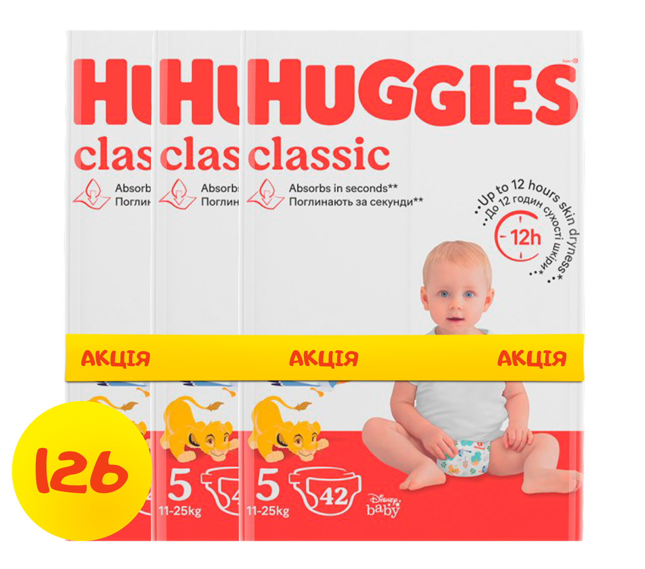 Підгузники дитячі Huggies Classic 5 (11-25 кг) Mega Pack 126 шт