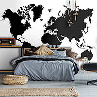 Флізелінові фотошпалери для спальні 254x184 см Чорно-біла карта світу (10252V4)+клей