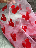 Фатин із флоковим (оксамитовим) малюнком "Міккі", рожевий+червоний, 50х50 см